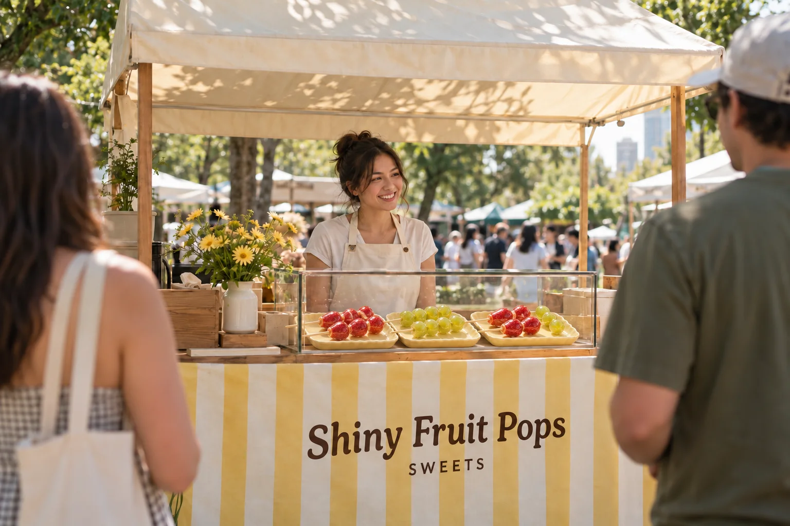 Concept for a Shiny Fruit Pops festival stall with a cream canopy, yellow striped counter and fruit tanghulu skewers lying flat on trays